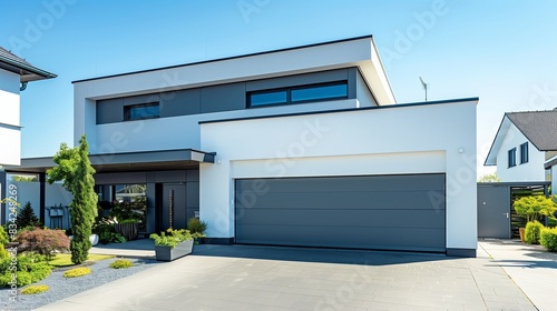 Moderne Hausfassade mit schlankem Landschaftsdesign