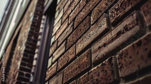 Retail building brickwork close-up, sharp focus on masonry, no humans, bright noon light, textured commerce. 