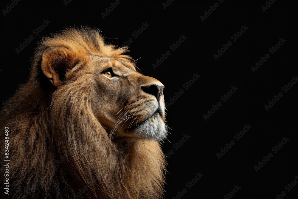 Mystic portrait of Asian Lion, beside view, full body shot, Close-up View Isolated on black background Mystic portrait of Asian Lion, beside view, full body shot, Close-up View Isolated on black background