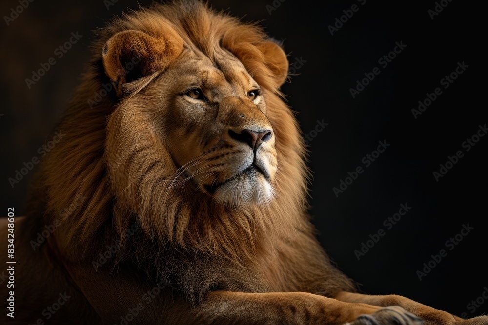 Obraz premium Mystic portrait of Asian Lion, beside view, full body shot, Close-up View Isolated on black background
