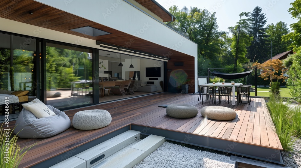 Fototapeta premium Moderne Hausfassade mit schlankem Landschaftsdesign