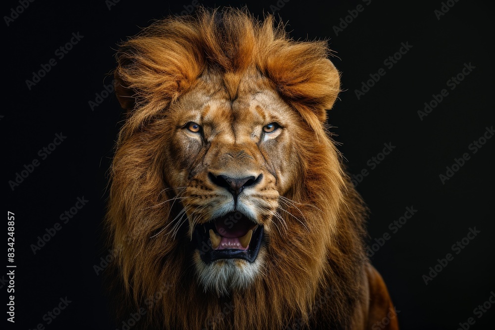 Mystic portrait of Senegal Lion in studio, copy space on right side, Anger, Menacing, Headshot, Close-up View Isolated on black background
