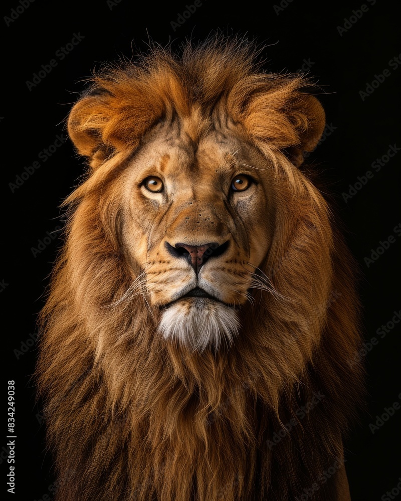 the African Lion, portrait view, white copy space on right Isolated on black background the African Lion, portrait view, white copy space on right Isolated on black background