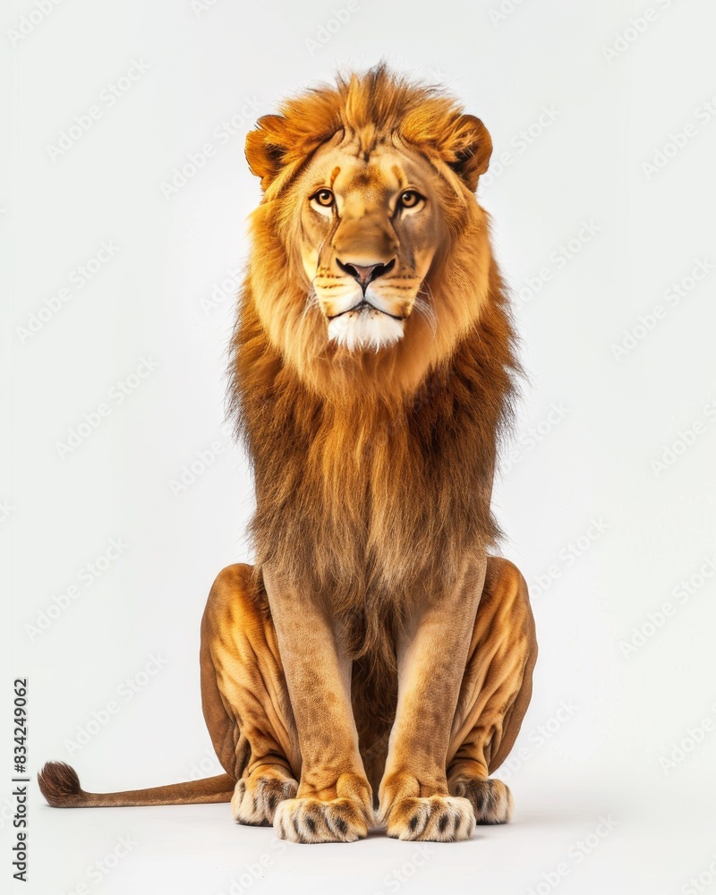 Obraz premium the African Lion, portrait view, white copy space on right Isolated on white background
