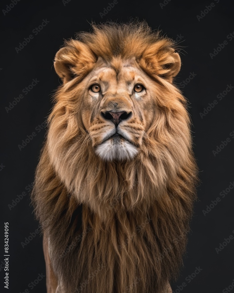 the Asian Lion, portrait view, white copy space on right Isolated on black background the Asian Lion, portrait view, white copy space on right Isolated on black background