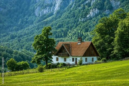 A white house with a red roof on a lush green hillside