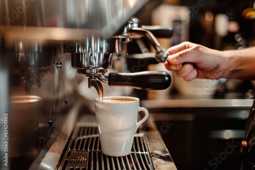 Barista pulling a shot of espresso in a bustling coffee shop. Detailed view of an espresso machine and white ceramic cup. Coffee expertise and barista skill. Design for poster  banner  and menu.