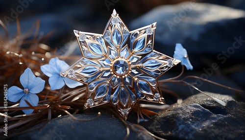 Snowflake with blue flowers on a stone background, close-up © I