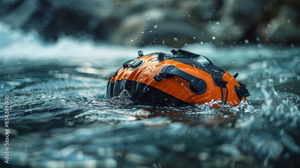 Fototapeta premium Innovative life-saving device emerging from water, pulling a person to safety with strong mechanical grips and streamlined design