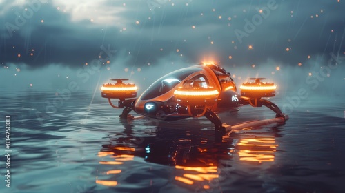 Wallpaper Mural High-tech rescue drone lifting a person above the water surface, futuristic design and bright lights illuminating the scene Torontodigital.ca