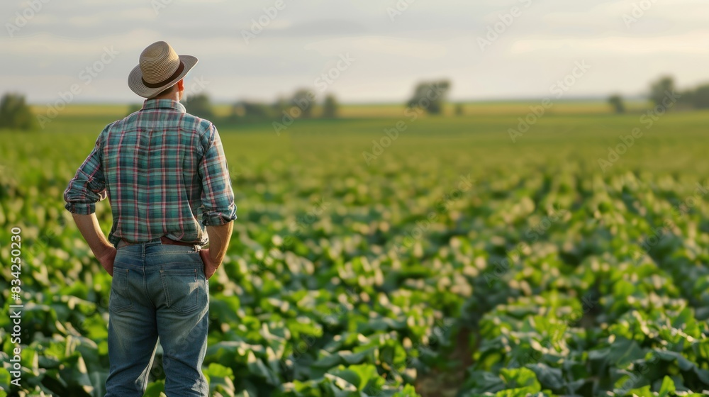 Fototapeta premium Farmer in straw hat surveying cabbage field. Agriculture and rural farming landscape. Eco-friendly farming and vegetable cultivation concept. Design for banner, educational, and promotional material.