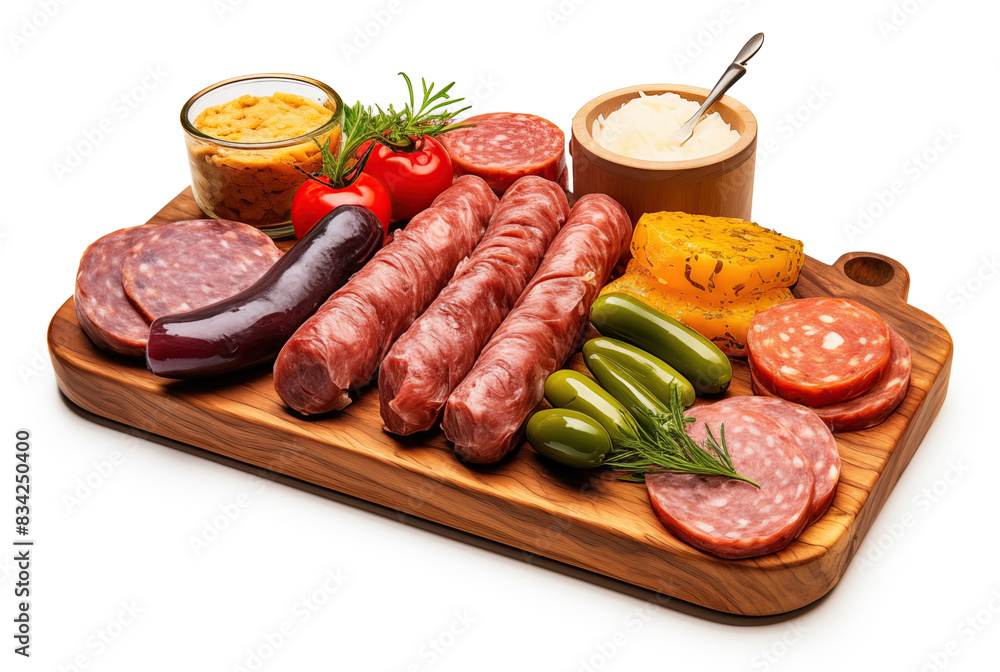 A delicious assortment of grilled sausages and fresh vegetables arranged on a wooden board. A delicious assortment of grilled sausages and fresh vegetables arranged on a wooden board.
