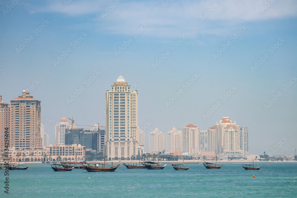 View of the Pearl district in Doha, from the promenade near Katara Village View of the Pearl district in Doha, from the promenade near Katara Village