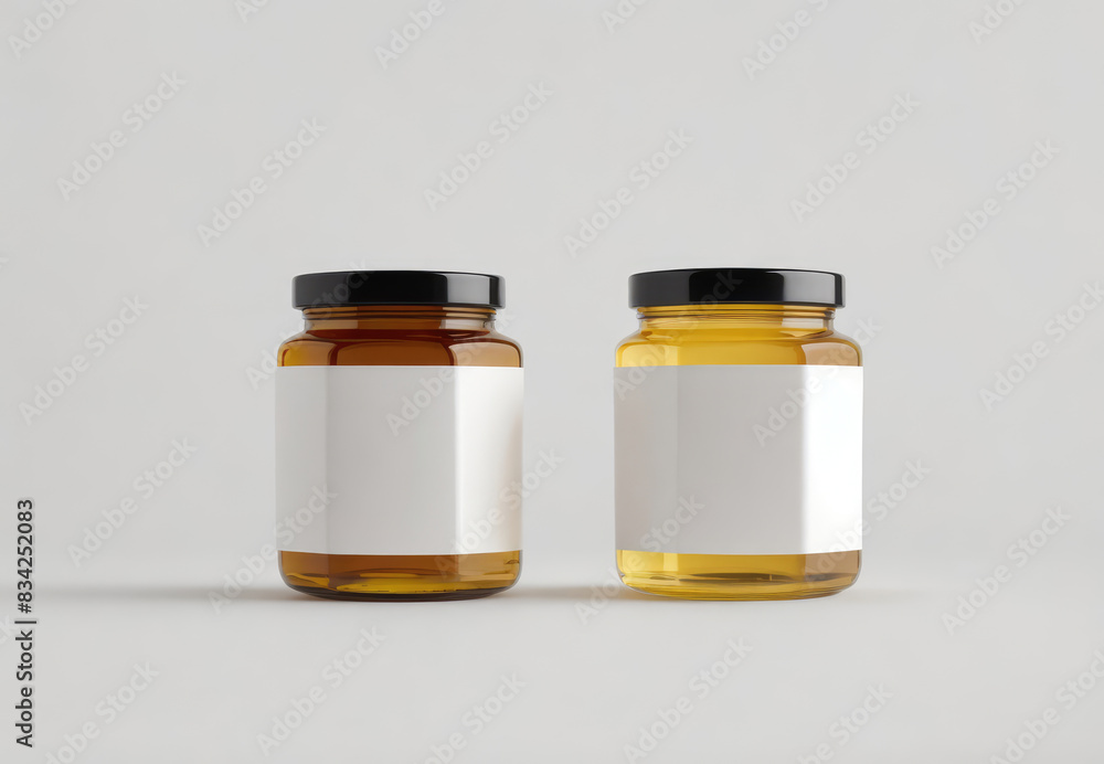 Glass jars of honey in different colors with empty, blank label, white sticker area for brand logo. Isolated on gray background. Concept of mockup mock-up shablon template advertising montage Glass jars of honey in different colors with empty, blank label, white sticker area for brand logo. Isolated on gray background. Concept of mockup mock-up shablon template advertising montage