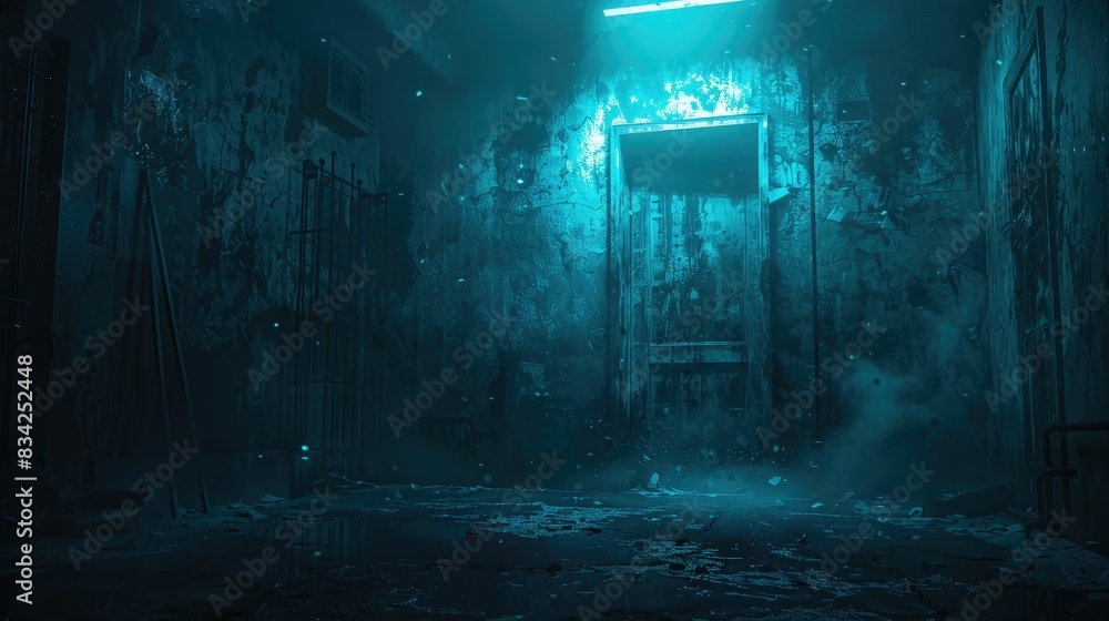 Abandoned hallway illuminated by eerie blue light Abandoned hallway illuminated by eerie blue light