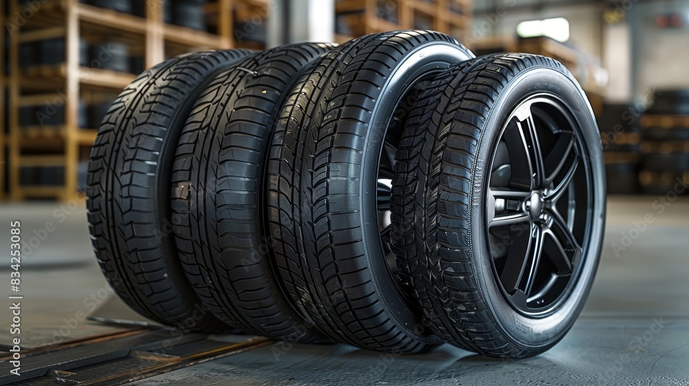 Four new black car tires stacked in a neat pile, showcasing the sharp tread designs and smooth rubber surfaces Four new black car tires stacked in a neat pile, showcasing the sharp tread designs and smooth rubber surfaces