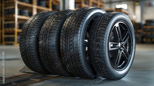 Four new black car tires stacked in a neat pile, showcasing the sharp tread designs and smooth rubber surfaces photo