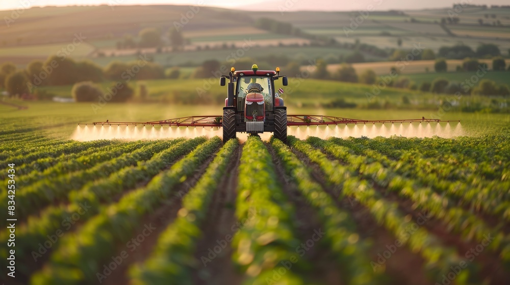 Detailed view of a tractor applying pesticides on crops in a farm field, spray nozzles in action Detailed view of a tractor applying pesticides on crops in a farm field, spray nozzles in action