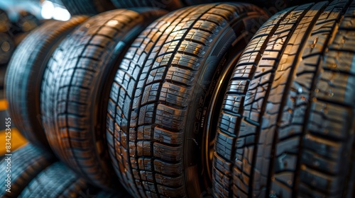 Detailed view of a pile of four new black car tires, highlighting the crisp, clean tread and sidewall textures photo