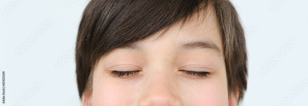 part child face, boy 10 years old, human eyes closed, concept surveillance, vision examination, diagnosis, treatment ophthalmic diseases, eyelids, emotional development children part child face, boy 10 years old, human eyes closed, concept surveillance, vision examination, diagnosis, treatment ophthalmic diseases, eyelids, emotional development children