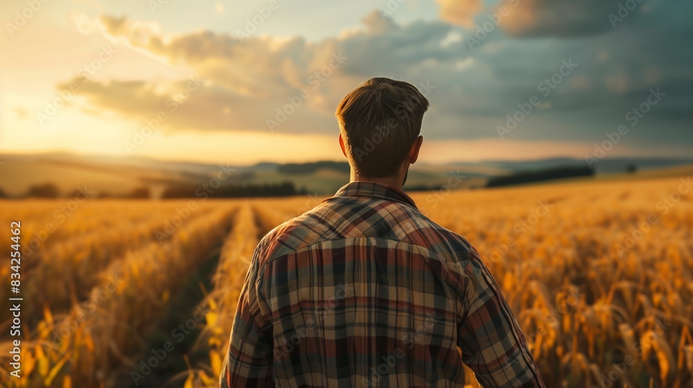 Farmer Observing Crops at Sunrise Farmer Observing Crops at Sunrise