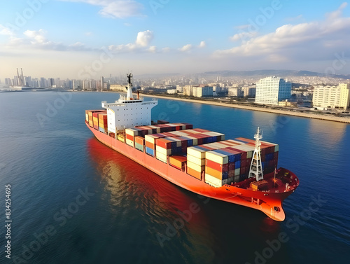 Global business logistics import export and container cargo freight ship during loading at industrial port by crane, container handlers, cargo plane, truck on, Logistics and transportation of Internat