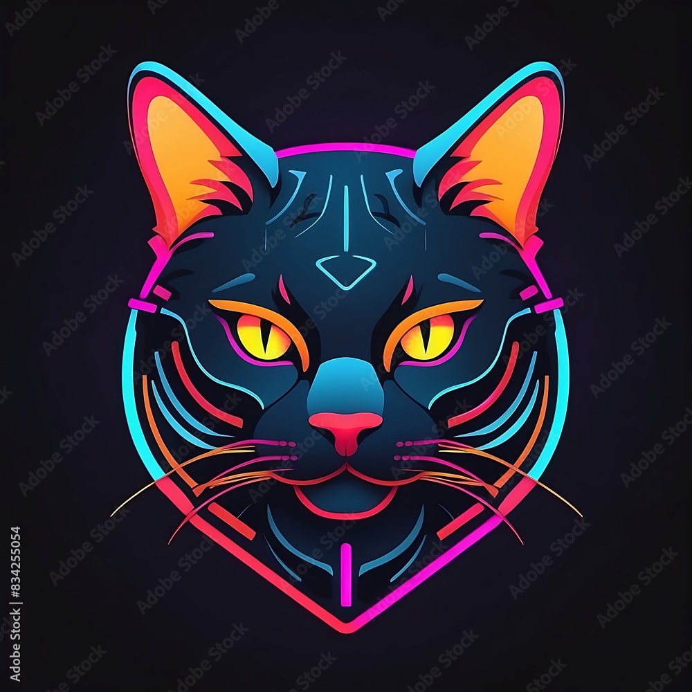 Cartoon neon style cat illustration on dark background Cartoon neon style cat illustration on dark background