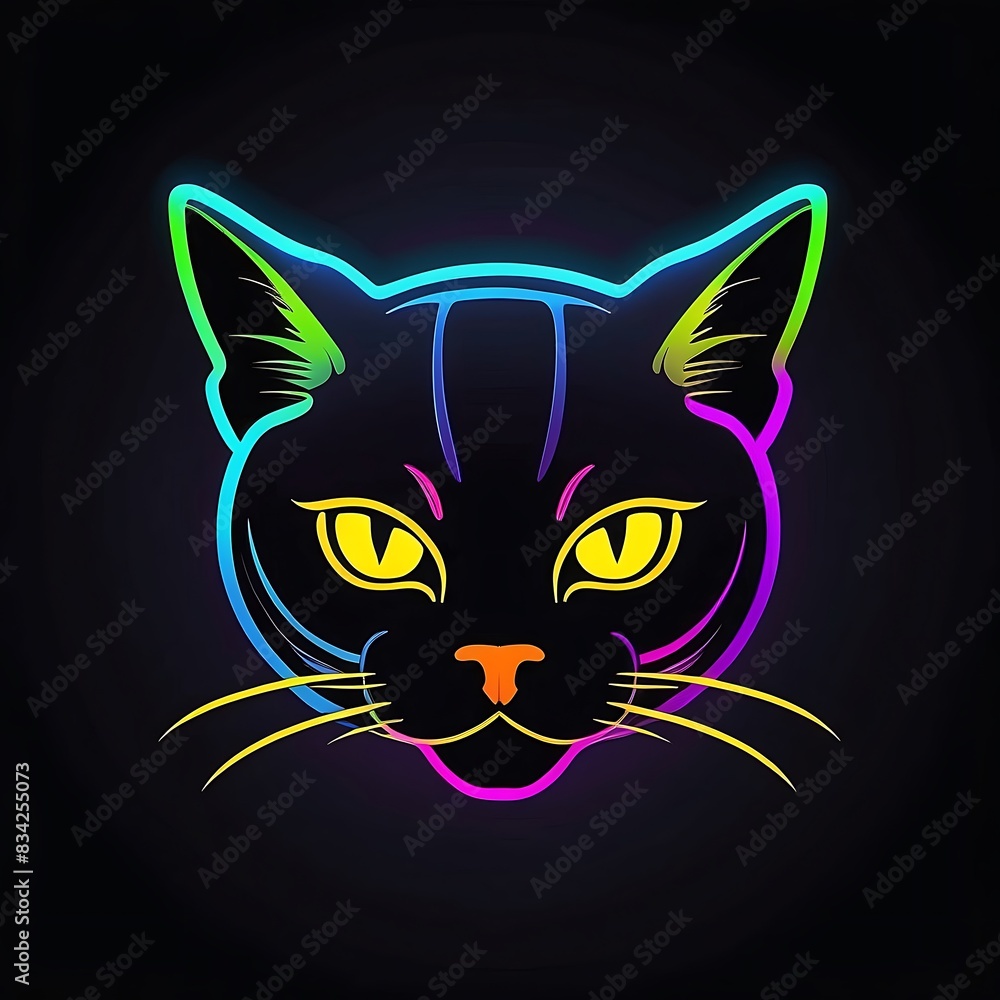 Obraz premium Cartoon neon style cat illustration on dark background
