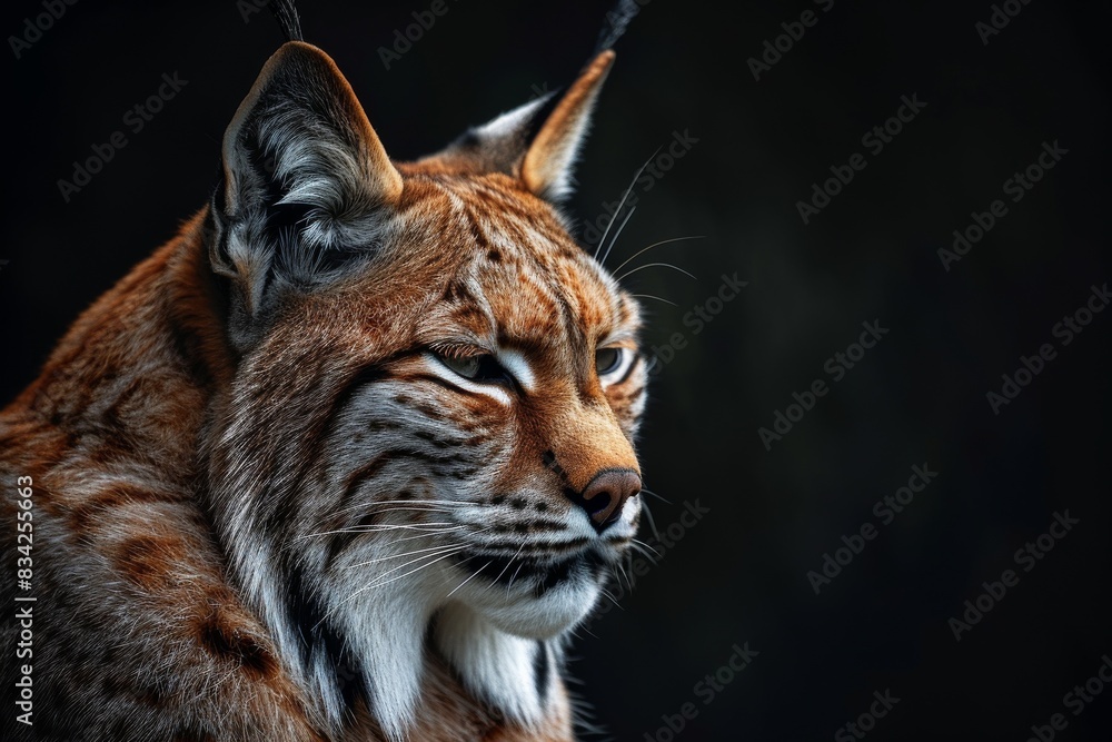 Mystic portrait of Lynx canadensis a in studio, copy space on right side, Anger, Menacing, Headshot, Close-up View Isolated on black background Mystic portrait of Lynx canadensis a in studio, copy space on right side, Anger, Menacing, Headshot, Close-up View Isolated on black background
