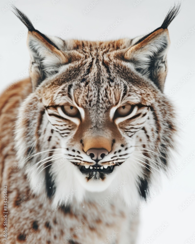 Mystic portrait of Lynx canadensis, copy space on right side, Anger, Menacing, Headshot, Close-up View Isolated on white background Mystic portrait of Lynx canadensis, copy space on right side, Anger, Menacing, Headshot, Close-up View Isolated on white background