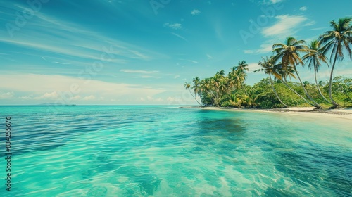 Beautiful beach with palms and turquoise sea. Tropical Beach Paradise, Where Turquoise Waters Sparkle Under the Sun, Palm Trees Cast Gentle Shadows, and the Promise of Relaxation and Adventure Awaits