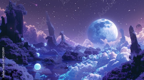 Ethereal alien landscape under a starry sky