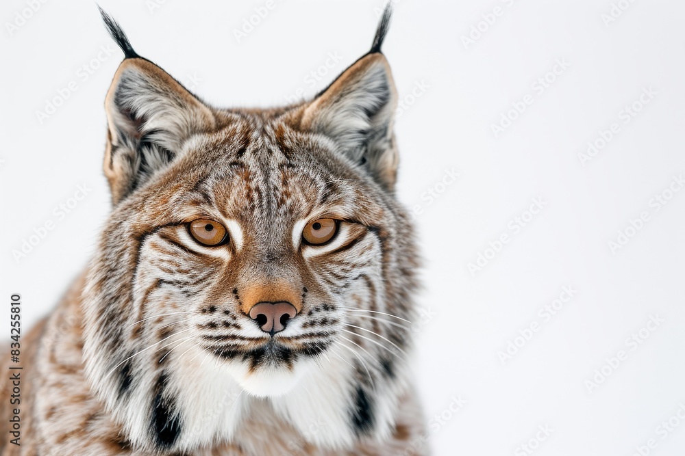 Mystic portrait of Lynx canadensis studio, copy space on right side, Anger, Menacing, Headshot, Close-up View Isolated on white background Mystic portrait of Lynx canadensis studio, copy space on right side, Anger, Menacing, Headshot, Close-up View Isolated on white background