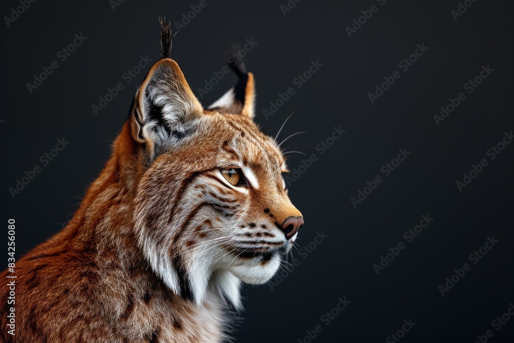 Obraz premium Mystic portrait of Lynx iberia a in studio, copy space on right side, Anger, Menacing, Headshot, Close-up View Isolated on black background