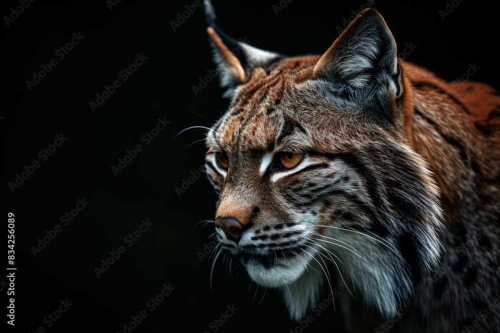 Mystic portrait of Lynx iberia a in studio, copy space on right side, Anger, Menacing, Headshot, Close-up View Isolated on black background Mystic portrait of Lynx iberia a in studio, copy space on right side, Anger, Menacing, Headshot, Close-up View Isolated on black background