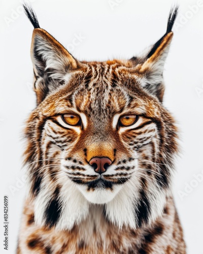 Mystic portrait of Lynx iberia, copy space on right side, Anger, Menacing, Headshot, Close-up View Isolated on white background