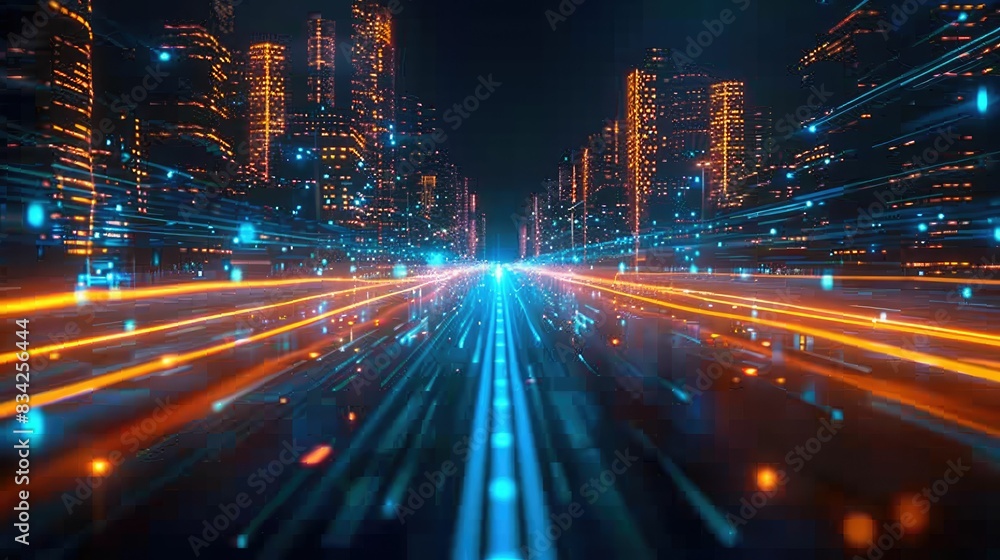 Futuristic cityscape with neon lights and trails Futuristic cityscape with neon lights and trails