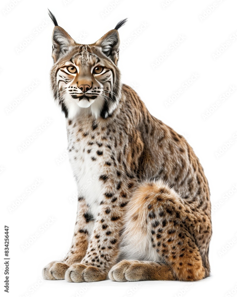 Fototapeta premium the Lynx canadensis white copy space on right Isolated on white background