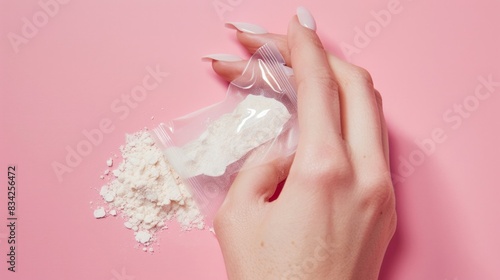 A hand holding a bag of powder on a pink background