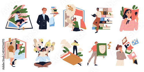 Set of people book lovers. Illustrations with happy characters reading literature and immersing in dream world. Imagination and learning. Cartoon flat vector collection isolated on white background