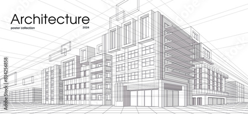 Abstract architecture. Banner with model of urban building with perspective lines. Landing page with modern construction drawing. Outline isometric vector illustration isolated on white background