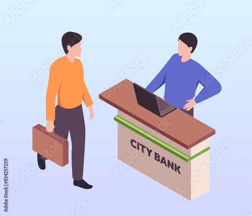 Bank office related isometric icon. Poster with bank employee serving customer or visitor. Accounting, investing and financial management. Cartoon 3D vector illustration isolated on background