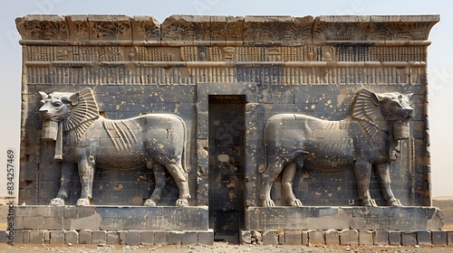 Picture Chaldean Empire under Nebuchadnezzar II where the Ishtar Gate in Babylon was adorned with glazed bricks depicting dragons and bulls symbols of Mesopotamian mythology photo