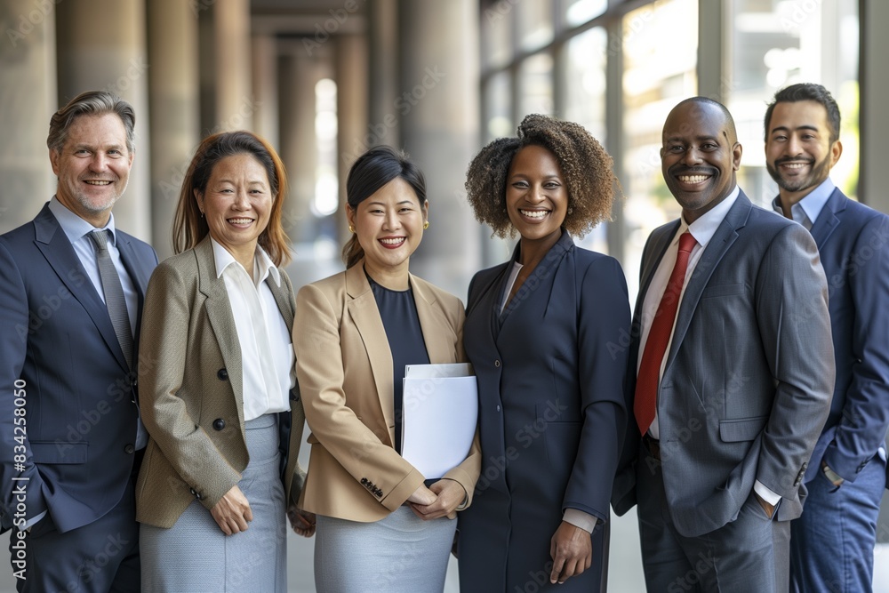 A group of smiling business people stand together in a modern office building A group of smiling business people stand together in a modern office building