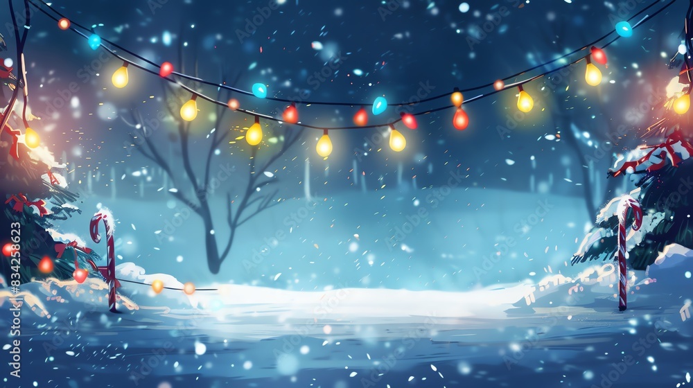 A banner mockup with a festive holiday theme, set against a snowy background with holiday lights and decorations A banner mockup with a festive holiday theme, set against a snowy background with holiday lights and decorations