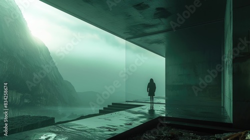 Lonely figure gazes at misty mountain view