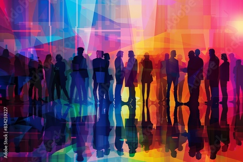 A group of business people stand in silhouette, engaged in conversation at a colorful event