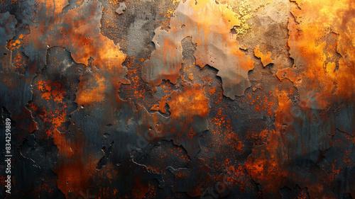 Corroded metal texture with orange and yellow tones on dark background,generative ai