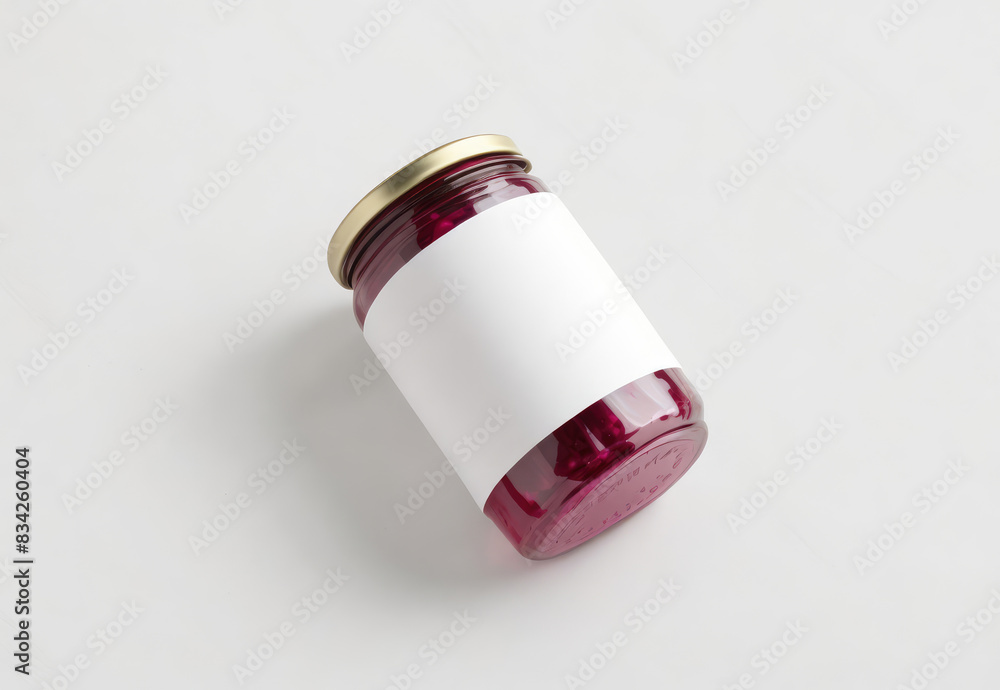 Glass jar of pickled red cabbage beetroot with empty, blank label, white sticker area for brand logo. Isolated on gray background. Concept of mockup mock-up shablon template advertising montage Glass jar of pickled red cabbage beetroot with empty, blank label, white sticker area for brand logo. Isolated on gray background. Concept of mockup mock-up shablon template advertising montage