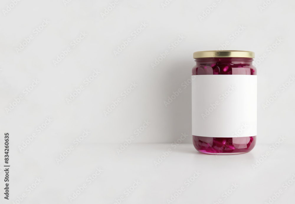 Glass jar of pickled red cabbage beetroot with empty, blank label, white sticker area for brand logo. Isolated on gray background. Concept of mockup mock-up shablon template advertising montage Glass jar of pickled red cabbage beetroot with empty, blank label, white sticker area for brand logo. Isolated on gray background. Concept of mockup mock-up shablon template advertising montage